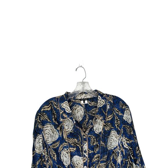 Nic + Zoe Blouse Blue Tan Button Up Short‎ Sleeve Silk Blend Lightweight Size XL - Picture 3 of 12